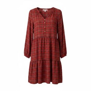 LOFT Red Plaid Ruffle Neck Swing Dress Tiered Babydoll Long Sleeve Size L